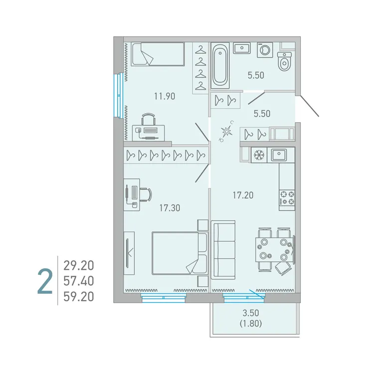 Продается 2-комнатная квартира, 59,2 м² - Фото 1