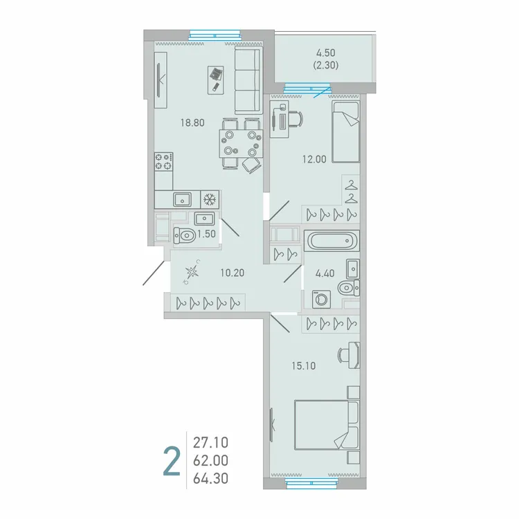 Продается 2-комнатная квартира, 64,3 м² - Фото 1