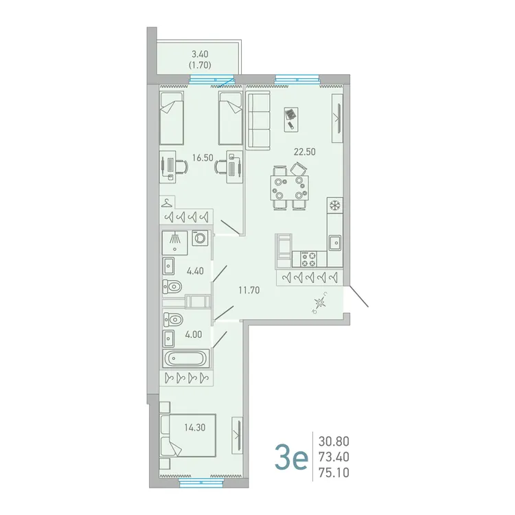 Продается 2-комнатная квартира, 75,1 м² - Фото 1