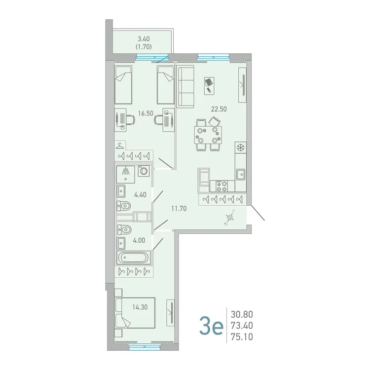 Продается 2-комнатная квартира, 75,5 м² - Фото 1