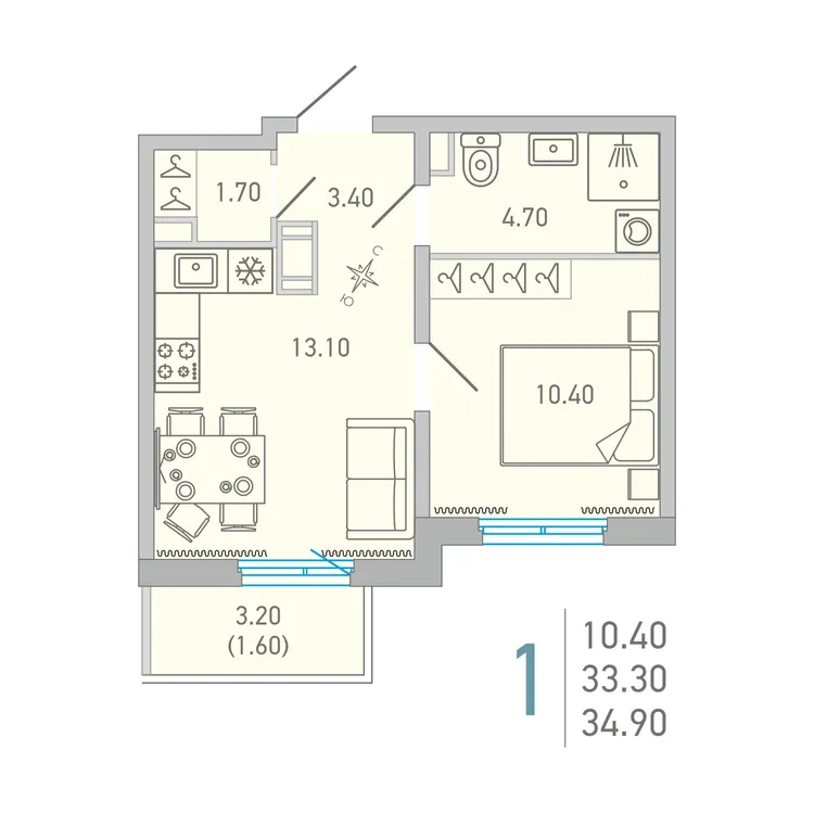 Продается 1-комнатная квартира, 34,9 м² - Фото 1