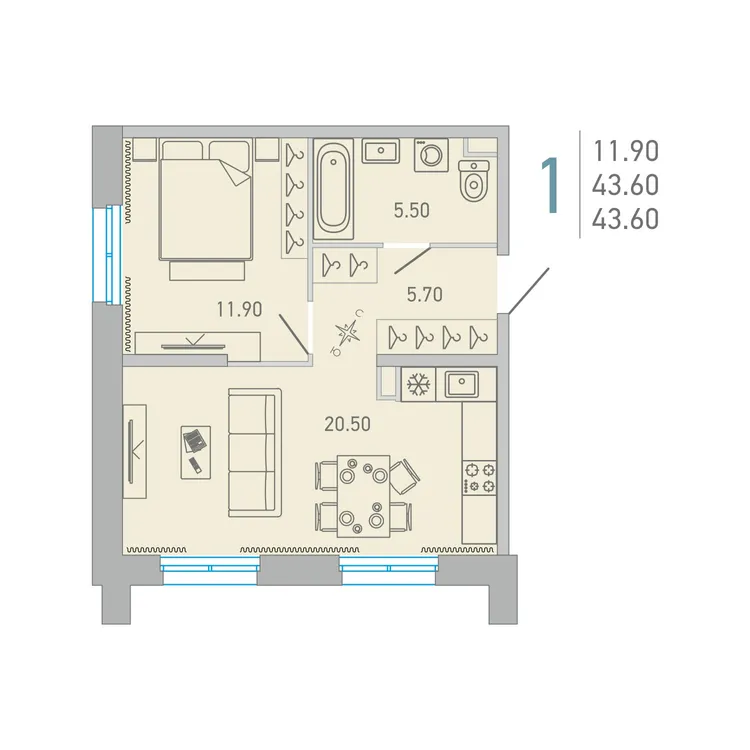 Продается 1-комнатная квартира, 43,6 м² - Фото 1