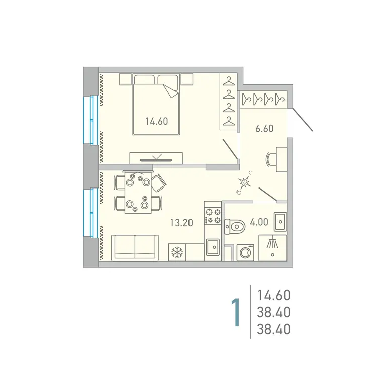 Продается 1-комнатная квартира, 38,4 м² - Фото 1
