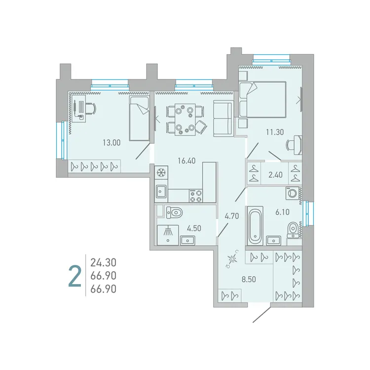 Продается 2-комнатная квартира, 66,9 м² - Фото 1