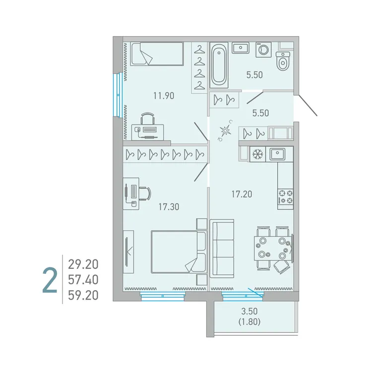 Продается 2-комнатная квартира, 57,9 м² - Фото 1