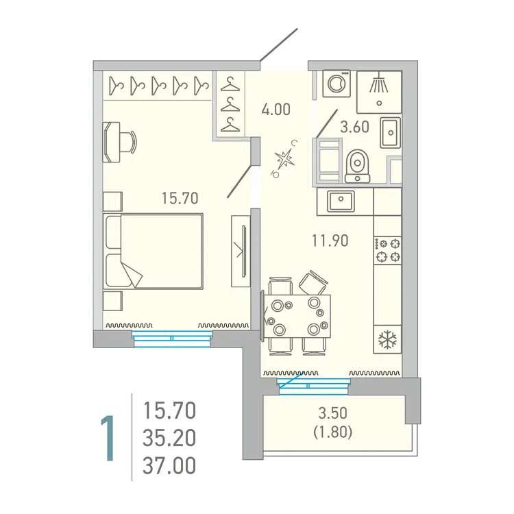 Продается 1-комнатная квартира, 37 м² - Фото 1