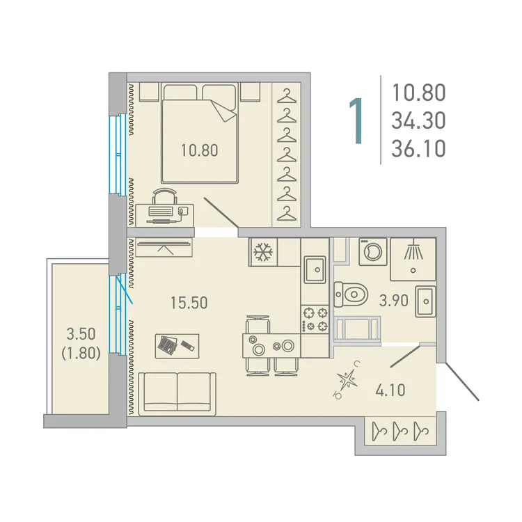 Продается 1-комнатная квартира, 36,1 м² - Фото 1