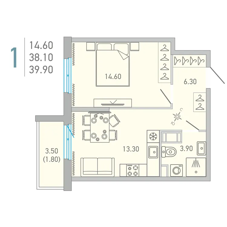 Продается 1-комнатная квартира, 39,9 м² - Фото 1