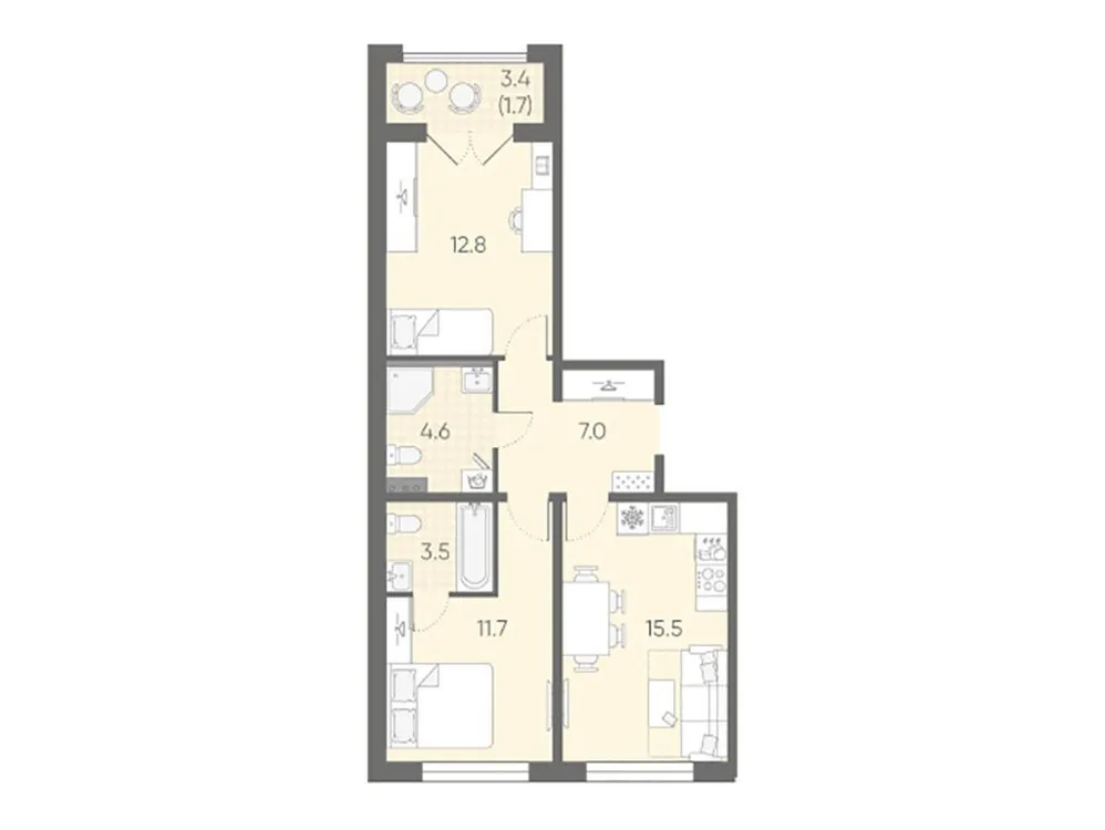 Продается 2-комнатная квартира, 56,8 м² - Фото 1