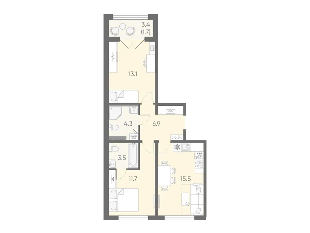 Продается 2-комнатная квартира, 56,7 м² - Фото 1