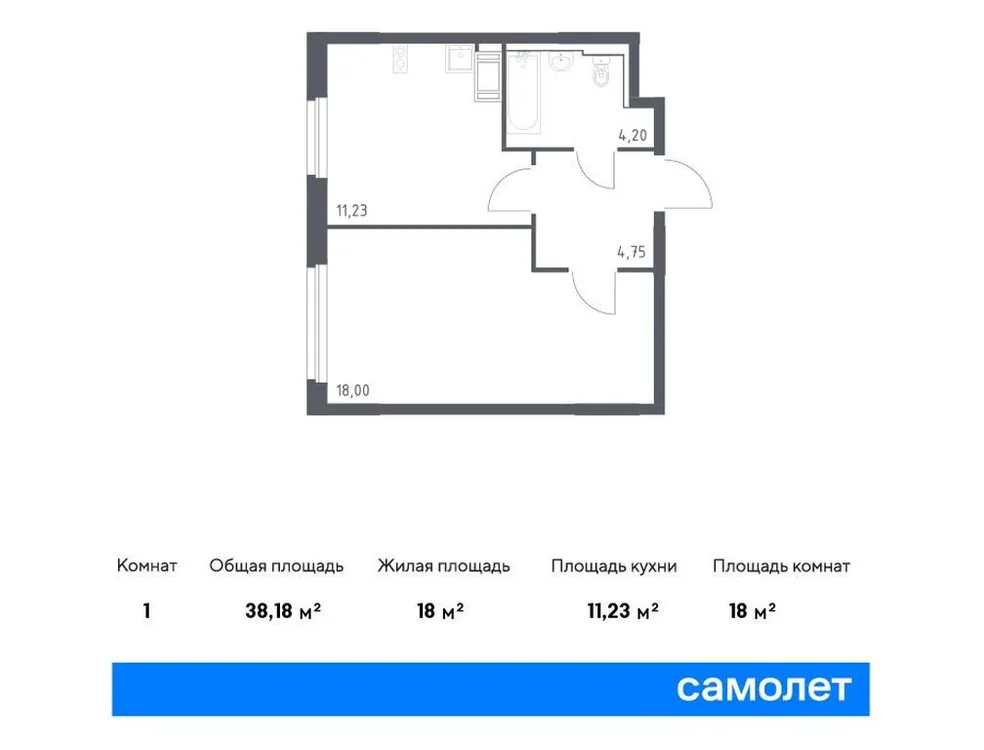 Продается 1-комнатная квартира, 38,2 м² - Фото 1