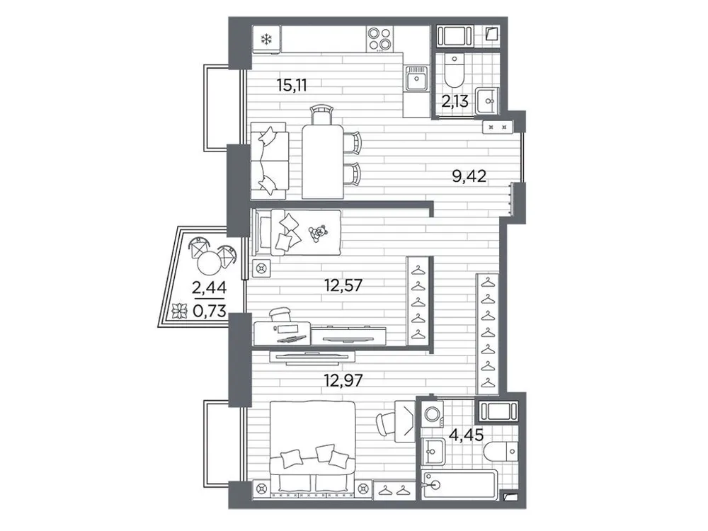 Продается 2-комнатная квартира, 57,4 м² - Фото 1