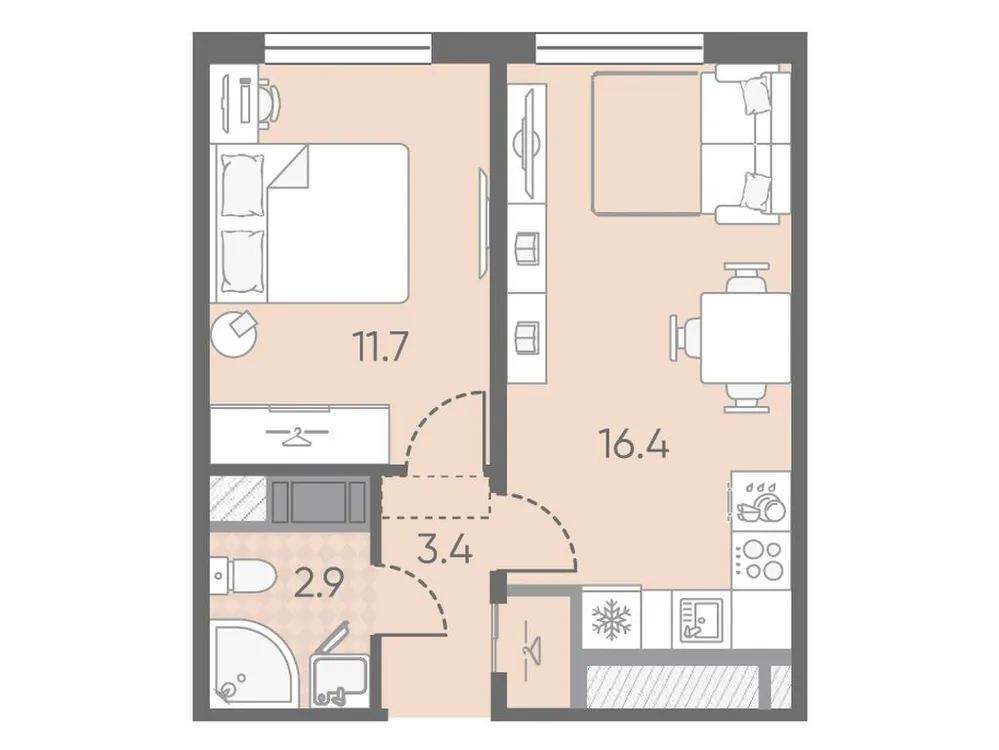 Продается 1-комнатная квартира, 34,4 м² - Фото 1