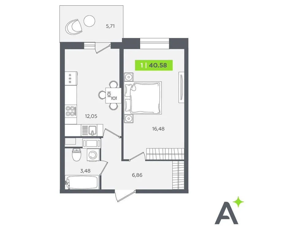 Продается 1-комнатная квартира, 40,2 м² - Фото 1