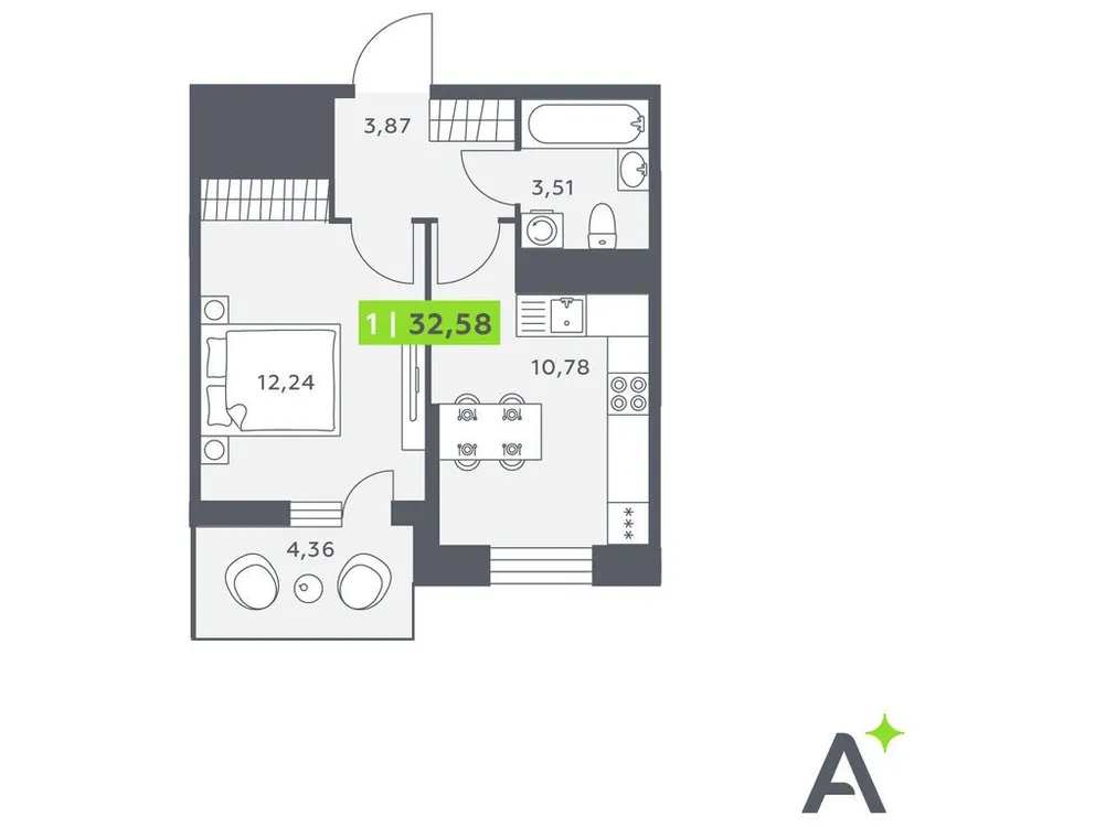 Продается 1-комнатная квартира, 32,3 м² - Фото 1