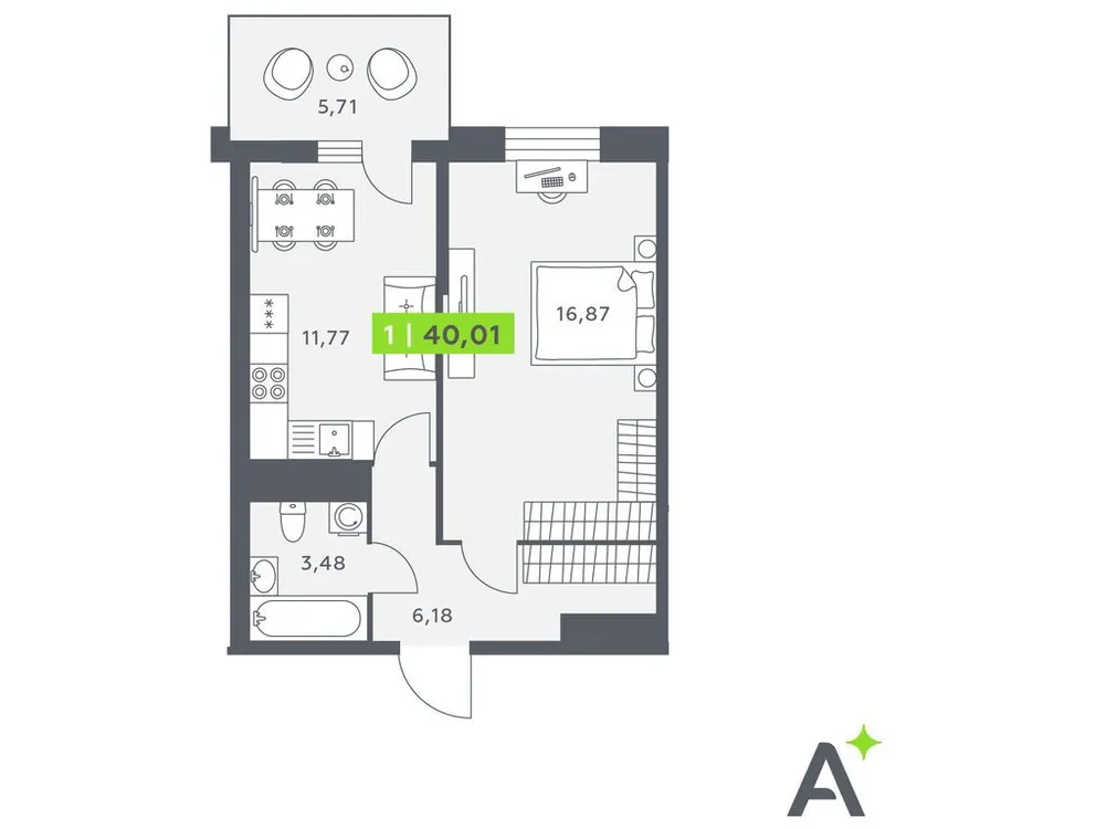 Продается 1-комнатная квартира, 40,1 м² - Фото 1