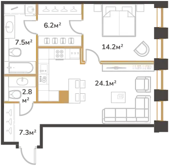 Продается 1-комнатная квартира, 62,1 м² - Фото 1