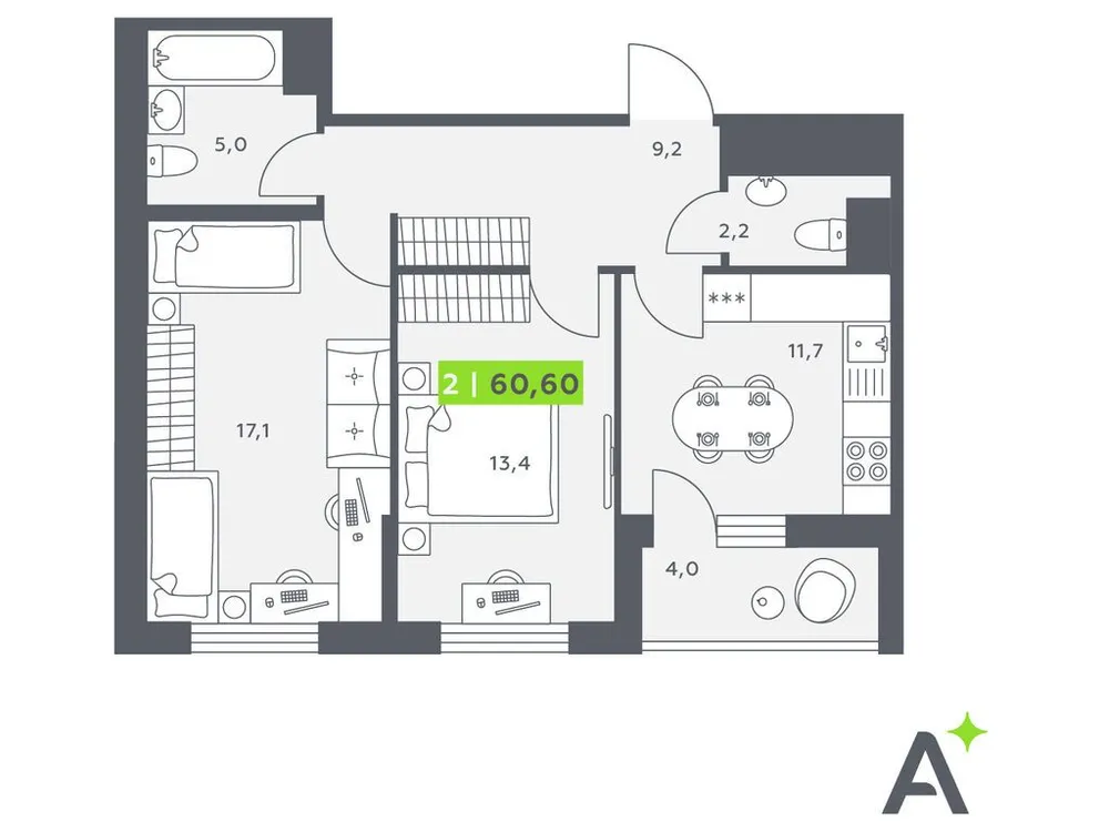 Продается 2-комнатная квартира, 60,6 м² - Фото 1