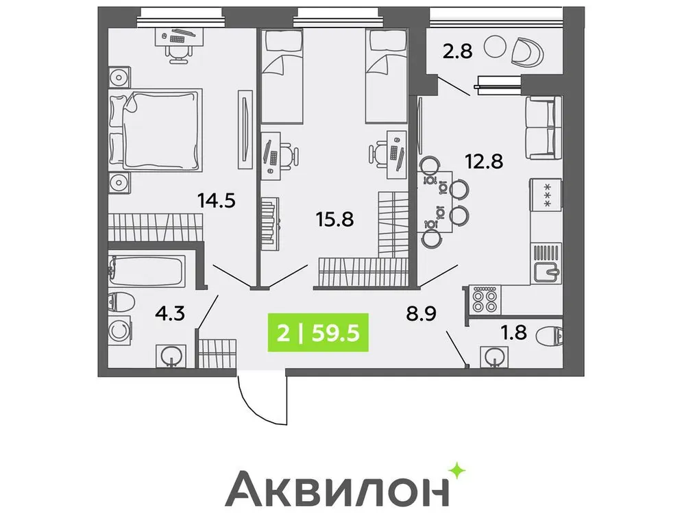Продается 2-комнатная квартира, 59,5 м² - Фото 1