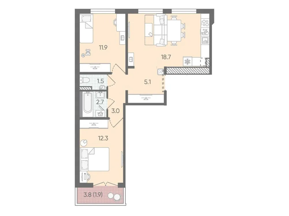 Продается 2-комнатная квартира, 57,1 м² - Фото 1