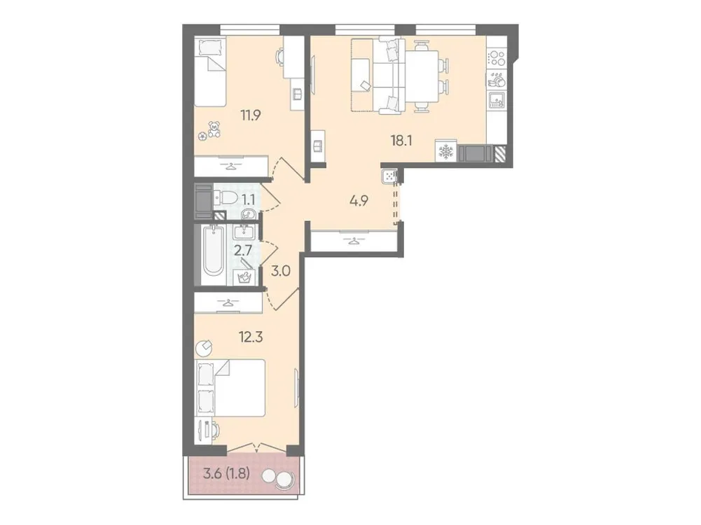 Продается 2-комнатная квартира, 55,8 м² - Фото 1
