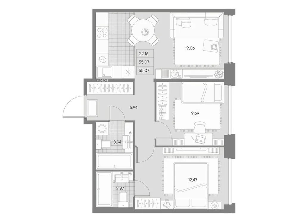 Продается 2-комнатная квартира, 55,1 м² - Фото 1