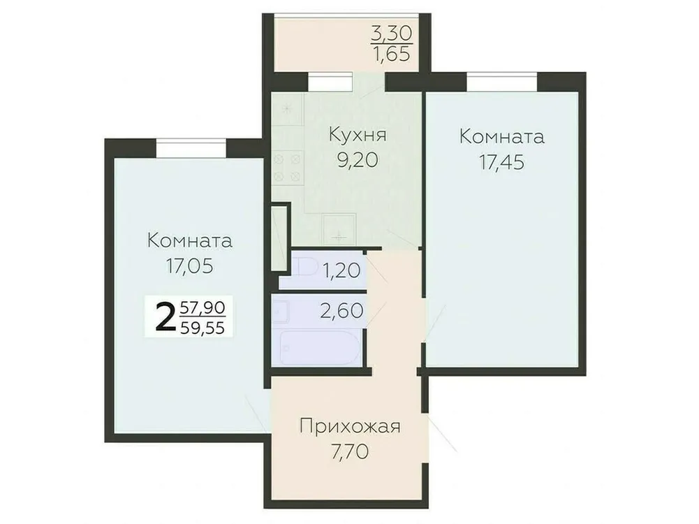 Продается 2-комнатная квартира, 59,6 м² - Фото 1