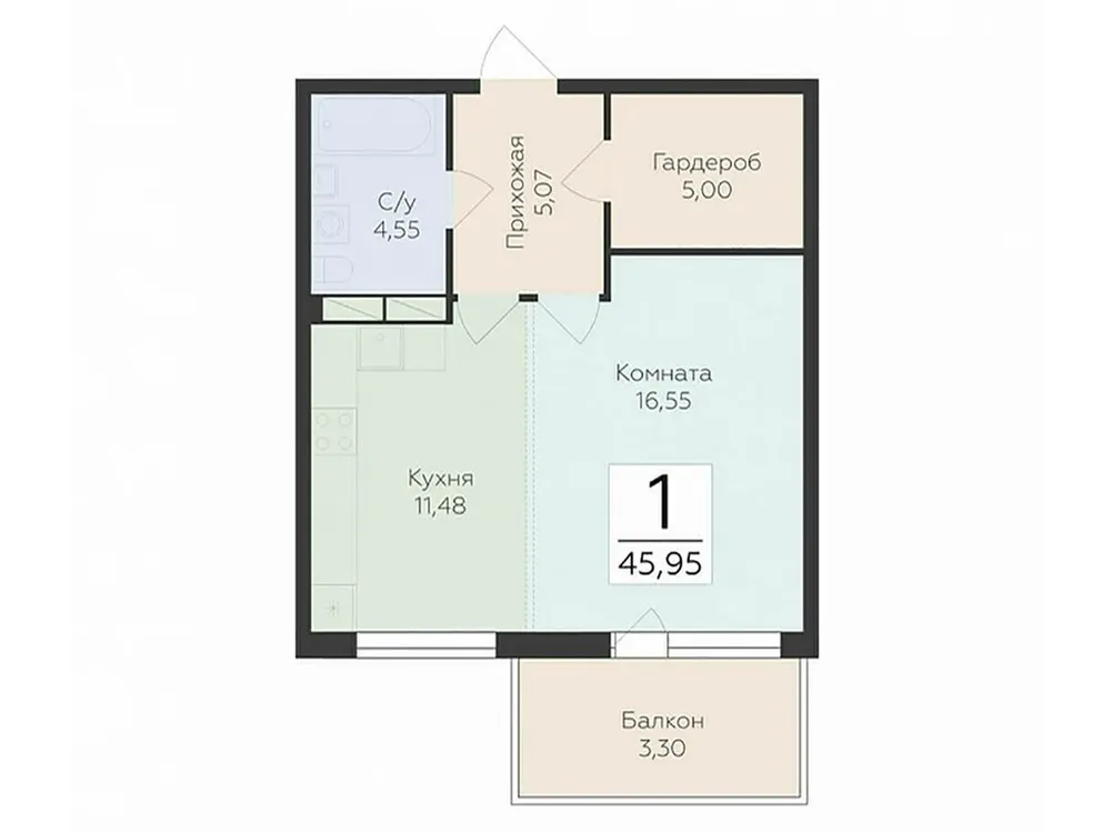 Продается 1-комнатная квартира, 46 м² - Фото 1
