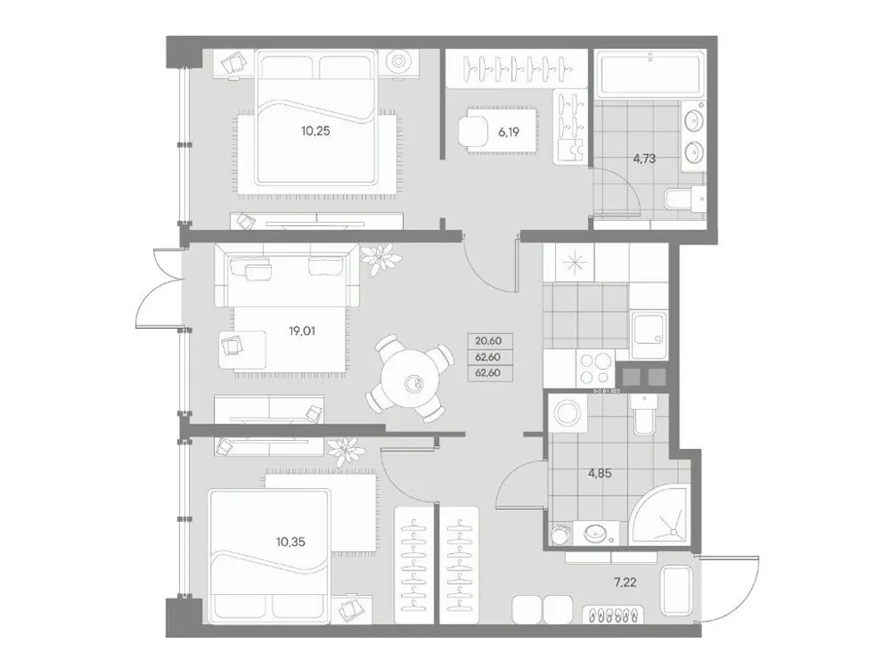 Продается 2-комнатная квартира, 62,6 м² - Фото 1