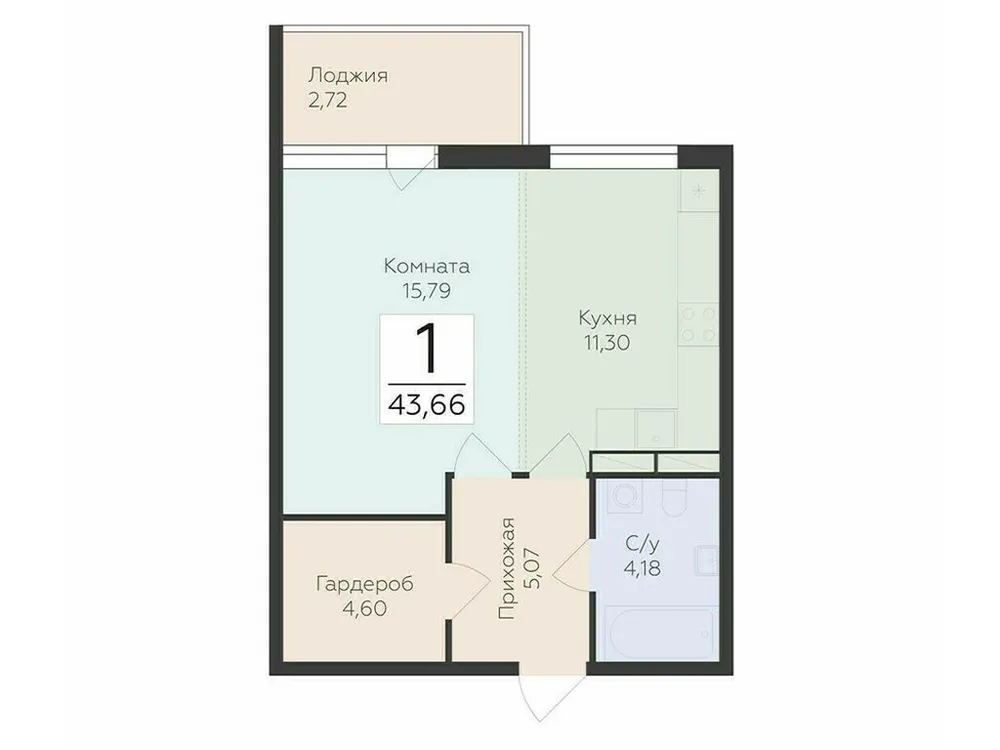 Продается 1-комнатная квартира, 43,7 м² - Фото 1