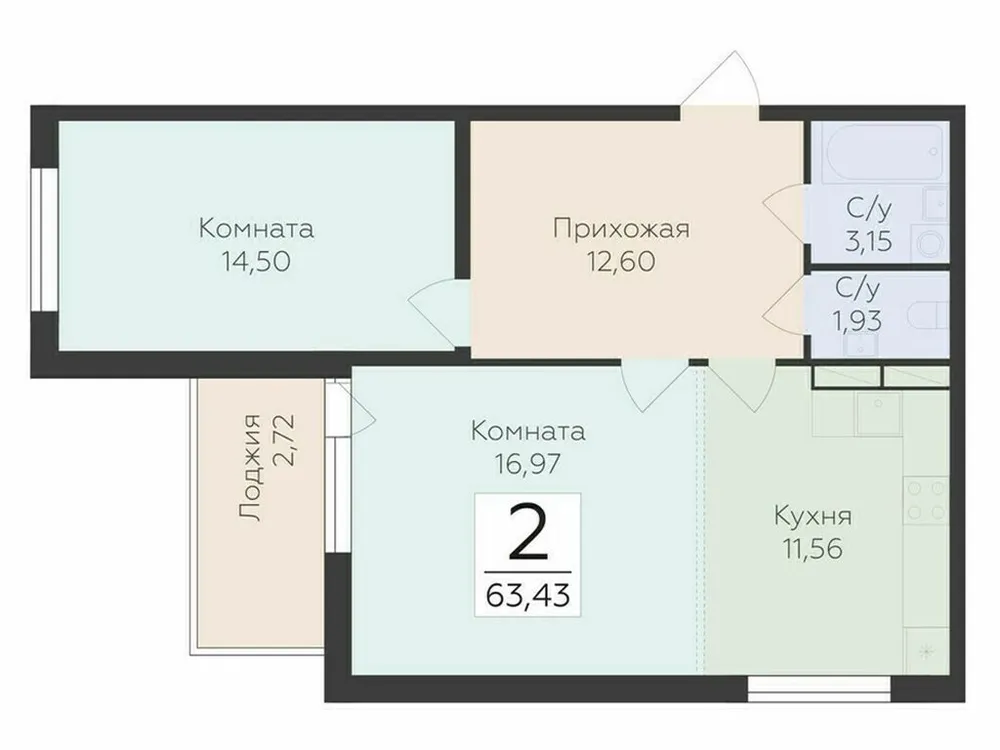 Продается 2-комнатная квартира, 63,4 м² - Фото 1