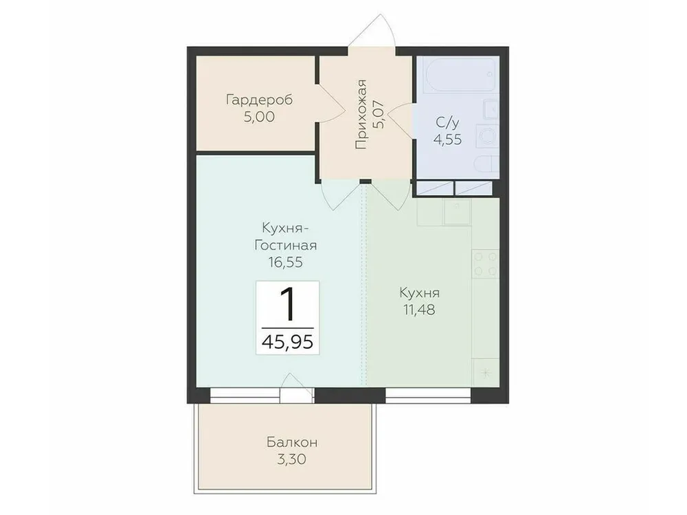 Продается 1-комнатная квартира, 46 м² - Фото 1