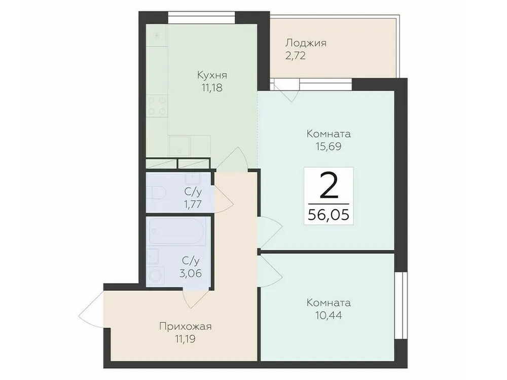 Продается 2-комнатная квартира, 56,1 м² - Фото 1