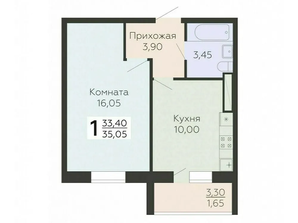 Продается 1-комнатная квартира, 35,1 м² - Фото 1