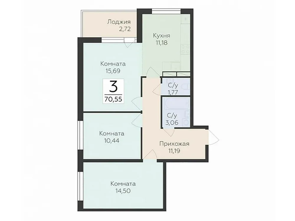 Продается 3-комнатная квартира, 70,6 м² - Фото 2