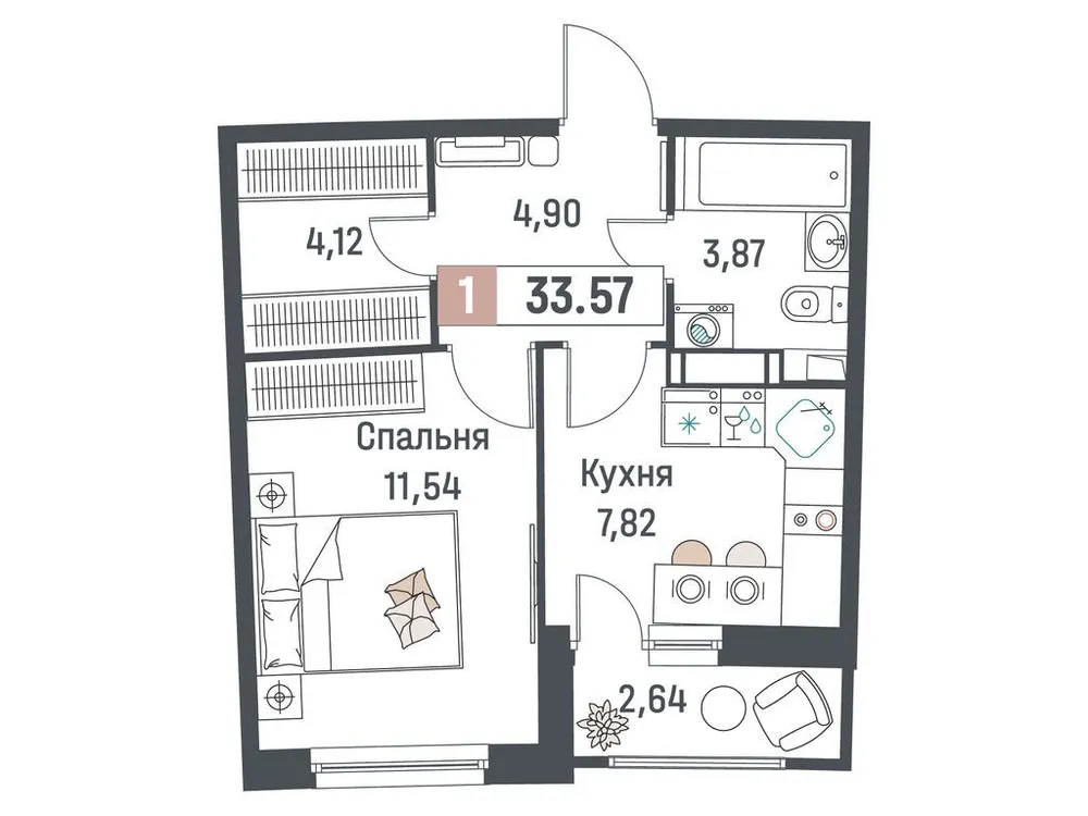 Продается 1-комнатная квартира, 33,6 м² - Фото 1