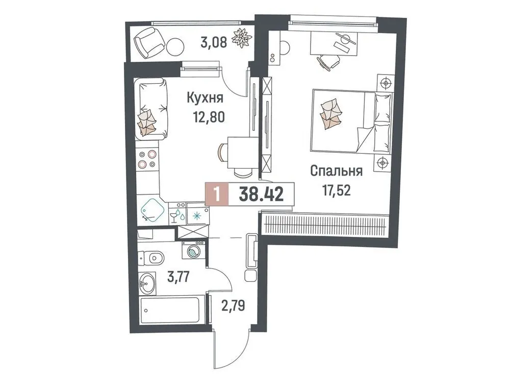Продается 1-комнатная квартира, 38,4 м² - Фото 1