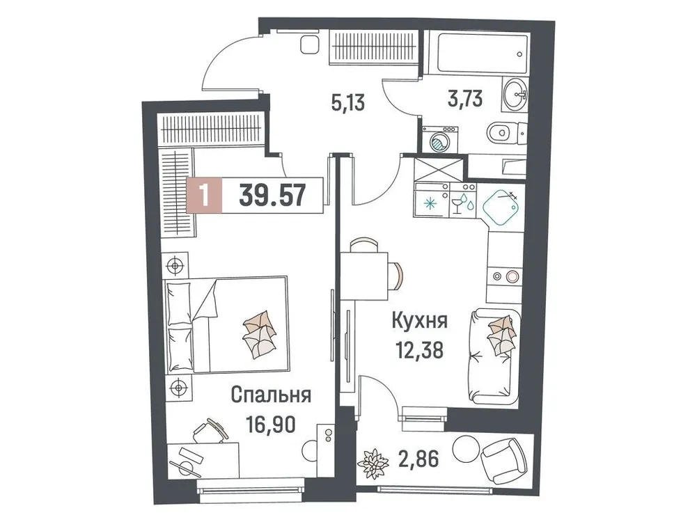 Продается 1-комнатная квартира, 39,6 м² - Фото 1
