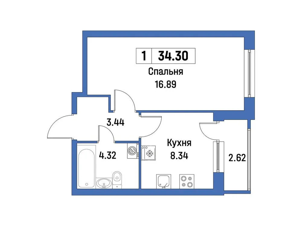 Продается 1-комнатная квартира, 34,3 м² - Фото 1