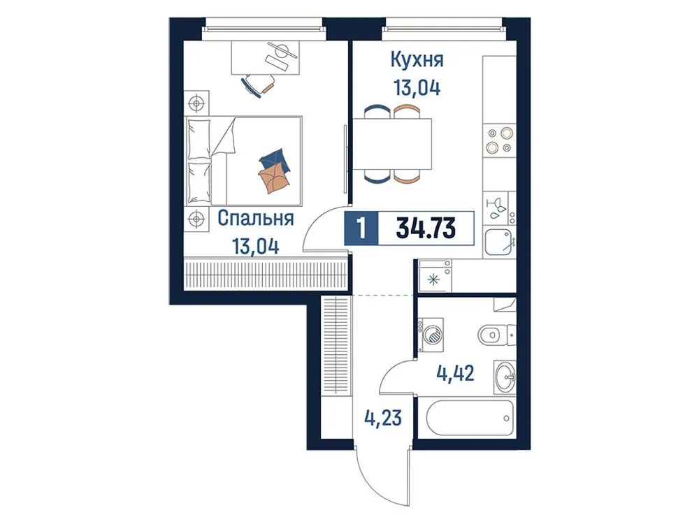 Продается 1-комнатная квартира, 34,7 м² - Фото 1