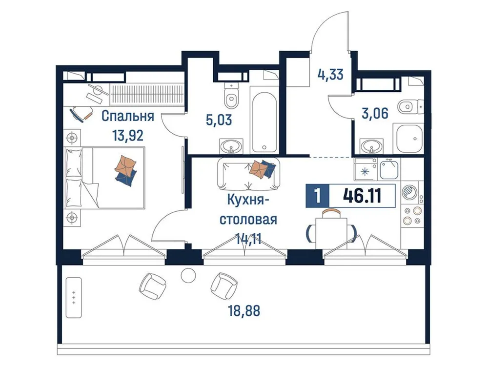 Продается 1-комнатная квартира, 46,1 м² - Фото 1