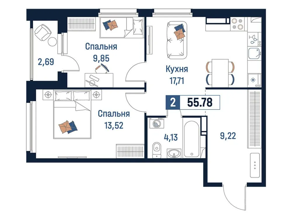Продается 2-комнатная квартира, 55,8 м² - Фото 1