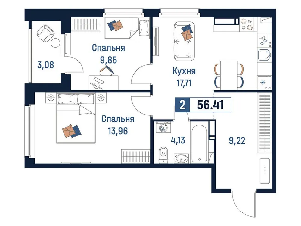 Продается 2-комнатная квартира, 56,4 м² - Фото 1