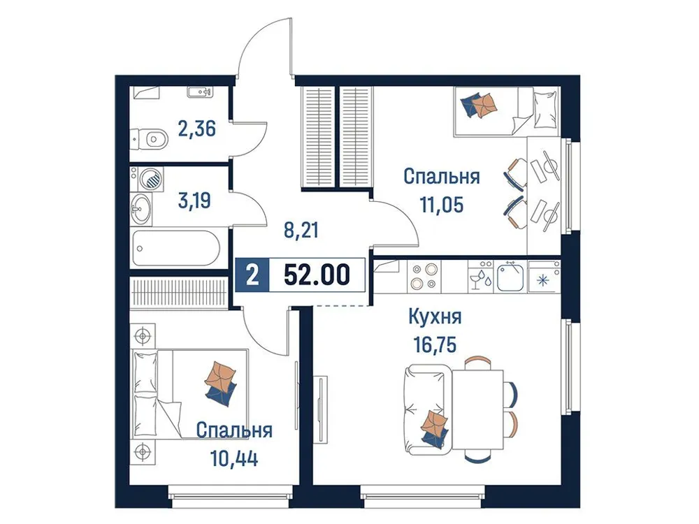 Продается 2-комнатная квартира, 52 м² - Фото 1