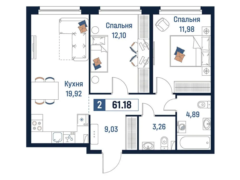 Продается 2-комнатная квартира, 61,2 м² - Фото 1