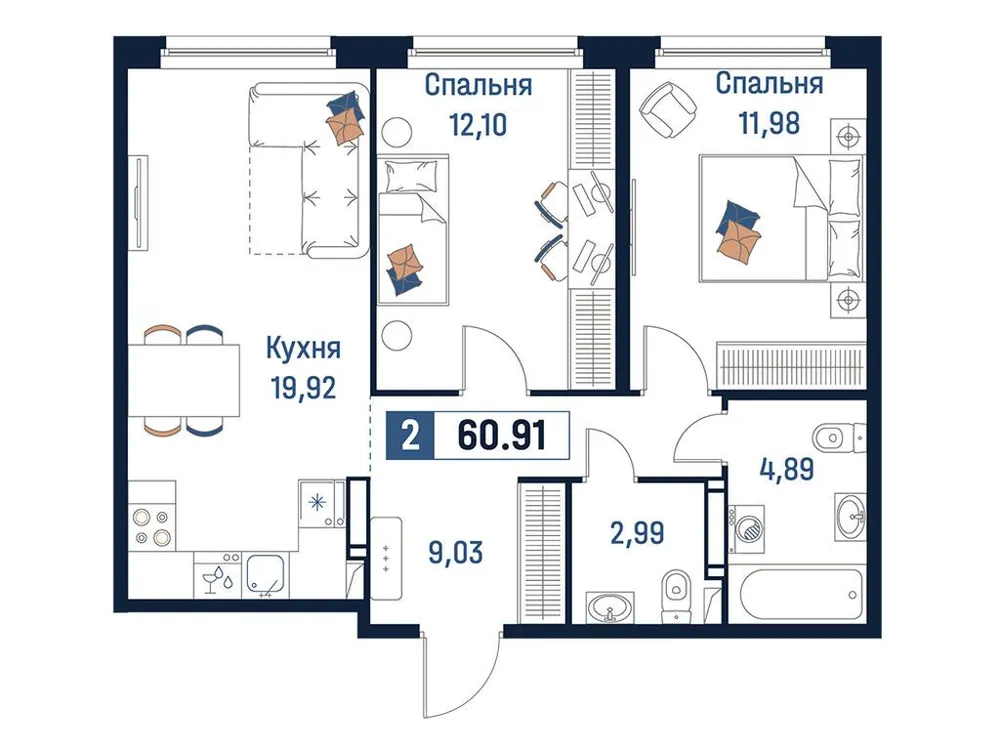 Продается 2-комнатная квартира, 60,9 м² - Фото 1