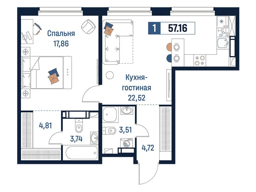 Продается 1-комнатная квартира, 57,2 м² - Фото 1