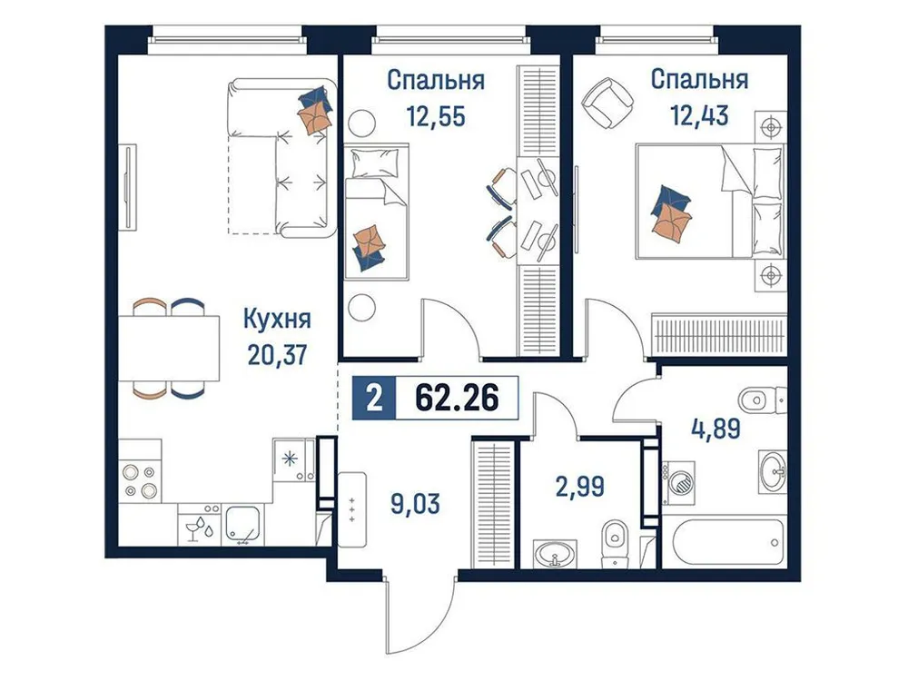 Продается 2-комнатная квартира, 62,3 м² - Фото 1