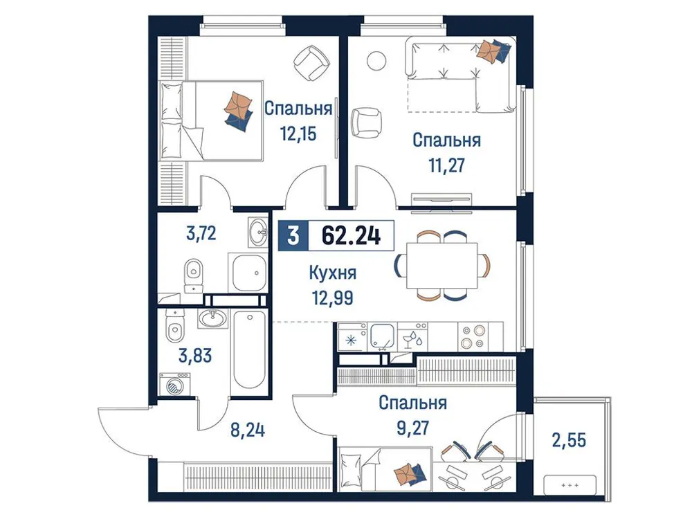 Продается 3-комнатная квартира, 62,2 м² - Фото 1