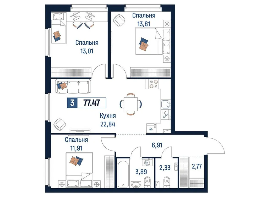 Продается 3-комнатная квартира, 77,5 м² - Фото 1